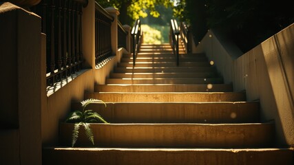 Sunlit Stone Steps with Greenery and Metal Railing
