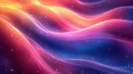 Abstract colorful wavy background with glowing particles.