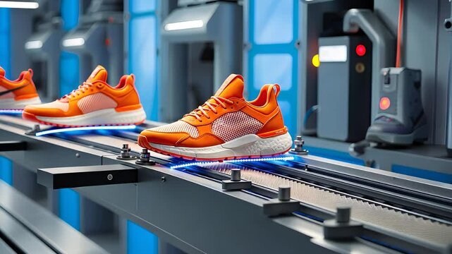 Bright Orange Sneakers on a High-Tech Conveyor Belt in a Modern Footwear Production Line

