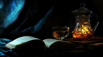 Glass Pitcher Book And Glass Of Liquid Resting On Dark Fabric