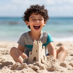 Joyful black haired boy is seated on the sand at the beach, joyfully constructing a sandcastle with a big smile. Soft waves and clear blue skies provide a perfect backdrop