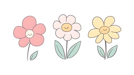 Three Happy Cartoon Flowers with Leaves