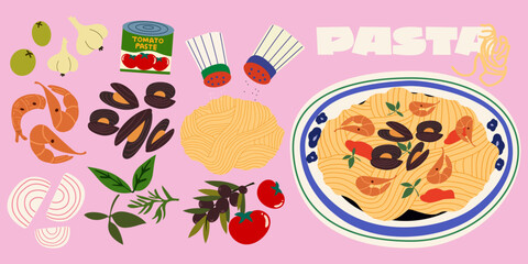 Italian Cuisine poster. Pasta and seafood risotto. A dish with seafood, shrimp, mussels, greens, onion, olives and tomatoes. Poster food recipe. Fresh vegetables vector icon design food