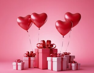 3d heart shaped shining balloons with gift boxes isolated on pink background happy Valentine's Day birthday wedding anniversary celebration concept