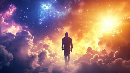 In a vibrant cosmic landscape, a solitary figure stands amidst an array of colorful clouds and stars, embodying the essence of ley de la atraccion and personal growth