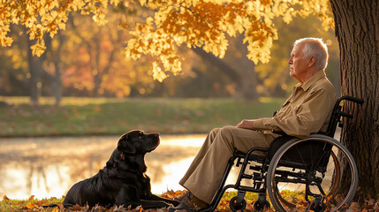 Man in Wheelchair with Dog Under Oak Tree in Autumn Park