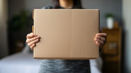 A person holding a plain cardboard box in a cozy indoor setting.