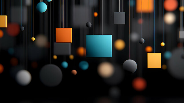 Fototapeta Abstract Colorful Shapes Hanging in Dark Space, Geometric objects suspended, creating a vibrant, playful atmosphere with depth.
