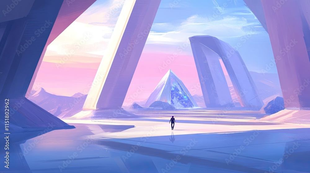 Poster a multi-layered composition of geometric shapes, creating depth and dynamism in a futuristic environ