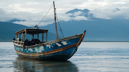 Fototapeta premium Old weathered blue fishing boat at sea, mountains in background.