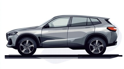 Fototapeta premium A sleek grey SUV is prominently displayed in an urban setting, surrounded by a backdrop suggesting a war theme and cash elements. The time appears to be daylight, adding clarity