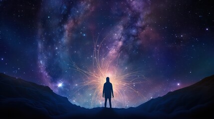Fototapeta premium A figure stands alone in a vast landscape, gazing at the mesmerizing night sky filled with stars and cosmic energy. This captivating view evokes a sense of wonder and exploration