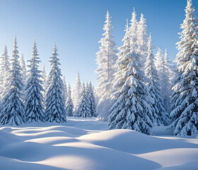 Winter panorama landscape with a snow-covered forest and trees at sunrise. A winter morning marking the beginning of a new day. Winter landscape with sunset, panoramic view