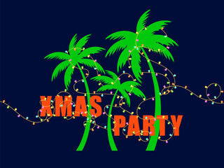 Xmas party. Palm tree silhouettes decorated with Christmas garland with colorful lights. Garlands decoration tropical palm trees. Design for greeting card, poster and banner. Vector illustration