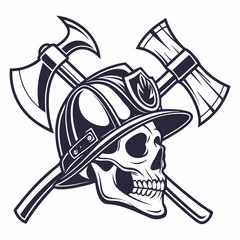 Skull with Firefighter Helmet and Crossed Axes silhouette. Vector illustration 