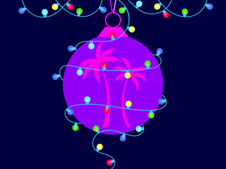 Hanging Christmas tree ball with palm tree silhouettes and a garland of multi-colored light bulbs wrapping around the ball. Design Christmas tree decoration for banner and poster. Vector illustration
