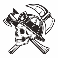 Skull with Firefighter Helmet and Crossed Axes silhouette. Vector illustration 
