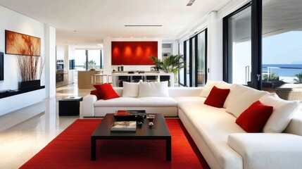 Modern Red and White Living Room with Ocean View