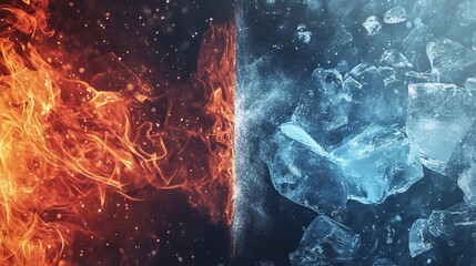 Dynamic Fire and Ice Collision with Spark Effects, Representing Opposing Forces in a 3D Abstract Concept. Energetic, Vibrant, and Symbolic of Duality, Balance, and Power