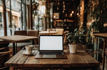 Laptop with blank screen on wooden cafe table.