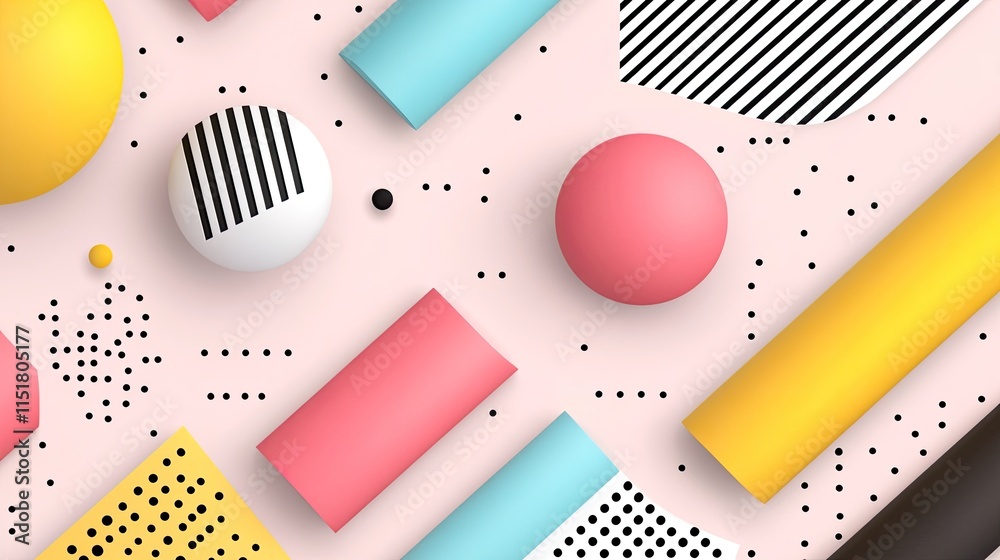 Poster an energetic blend of abstract shapes and forms, merging 2d elements into a 3d space with bold color