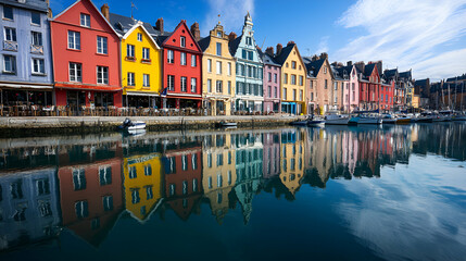 Obraz premium Vibrant Waterfront Buildings Reflecting in Calm Water, a Picturesque Harbor Scene Displaying Colorful Architecture Under a Sunny Sky