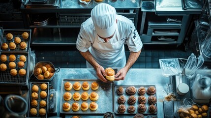 An overhead shot of a chef baking pastries in a professional kitchen, emphasizing precision and technique in food preparation