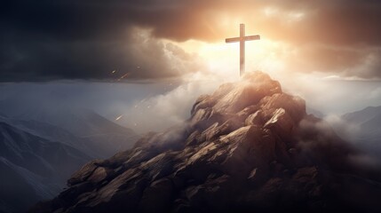 Obraz premium A cross on a rocky mountain peak, with sunbeams breaking through the clouds behind it, symbolizing peace and divinity
