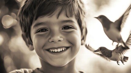 A young boy beams with happiness as birds flutter playfully around him. The scene is set outdoors in a sunlit environment, showcasing the joy of childhood and nature