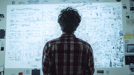 A person stands before a wall filled with complex notes and diagrams, suggesting deep contemplation or research.