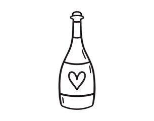 Champagne for wedding party drink. Bottle of sparkling wine doodle hand drawn icon. Outline drawing alcohol line clipart symbol