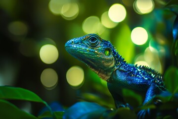 Obraz premium Lizard on green plants light blurs background.