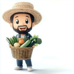 A cheerful cartoon farmer character with basket of fresh vegetables, white isolate background