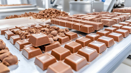 Obraz premium Chocolate Production, Milk Chocolate Bars & Chunks on Conveyor Belt in Factory, Sweet Treats Manufacturing Process
