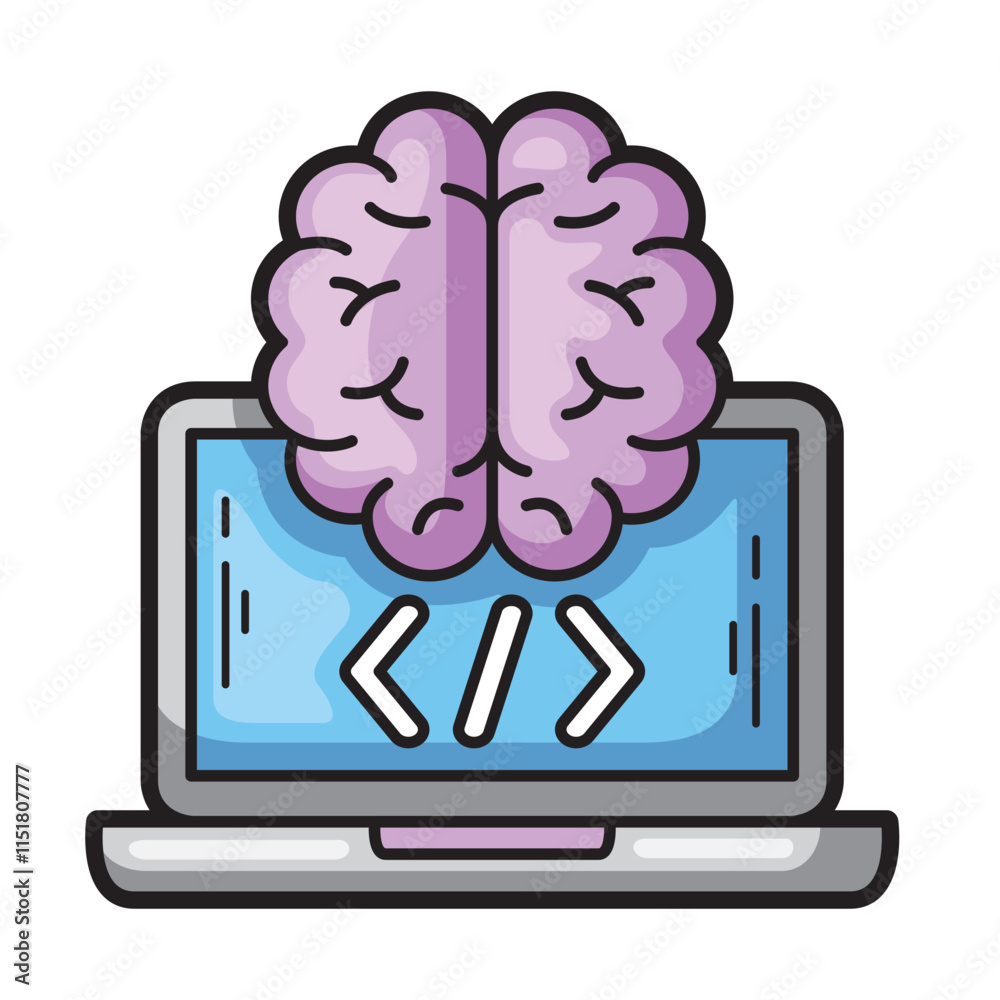 Poster brain inspired design on a laptop screen with code, perfect for tech, programming, software developm