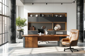 Modern Office Interior with Wooden Desk and Leather Chair