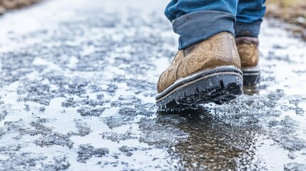 Man Walking on Wet Melted Ice Pavement, Back View of Feet on Icy Road in Winter. Cold, Slippery Conditions and Winter Weather Abstract Background with Frozen Surface