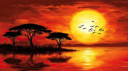 Vibrant sunset over a calm lake, with silhouettes of trees on the shore for a peaceful view