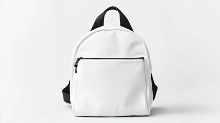 White backpack with elegant design elements, positioned on a spotless white backdrop.