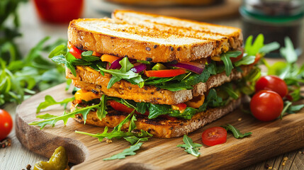 Sandwich gourmand aux fraises et pesto, servi sur un plan de coupe color&eacute; avec l&eacute;gumes crus croquants
