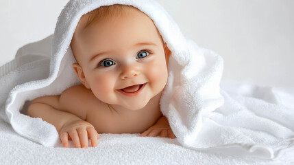 A smiling baby wrapped in a white terry towel. The baby is lying on his stomach on a white surface. His expression is very happy and carefree.