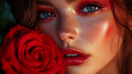 Conceptual portrait with bold red rose aesthetics