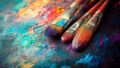Fototapeta premium Paintbrushes Resting on a Vibrant Colorful Palette