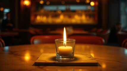 A single candle's warm glow illuminates a marble table in a dimly lit restaurant setting.