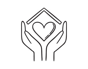 Obraz premium Cute home hands holding heart under the house roof doodle hand drawn icon. Outline drawing Cute home hands holding heart line clipart symbol