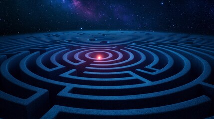 Fototapeta premium Intricate Labyrinth at the Center of a Cosmic Landscape with a Glowing Light Illuminating the Paths in a Starry Sky