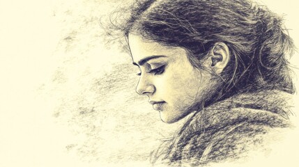 Pen sketch of a thoughtful young woman, profile view, soft lighting, delicate features, melancholic mood.