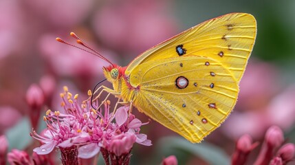 Yellow butterfly with red accents feeding on pink flowers.