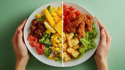 Plato dividido mostrando comida saludable con vegetales y comida frita, simbolizando la elección entre nutrición balanceada y alimentos indulgentes sobre fondo verde