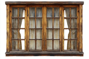 Old Wooden Window with Damaged Glass and Curtains